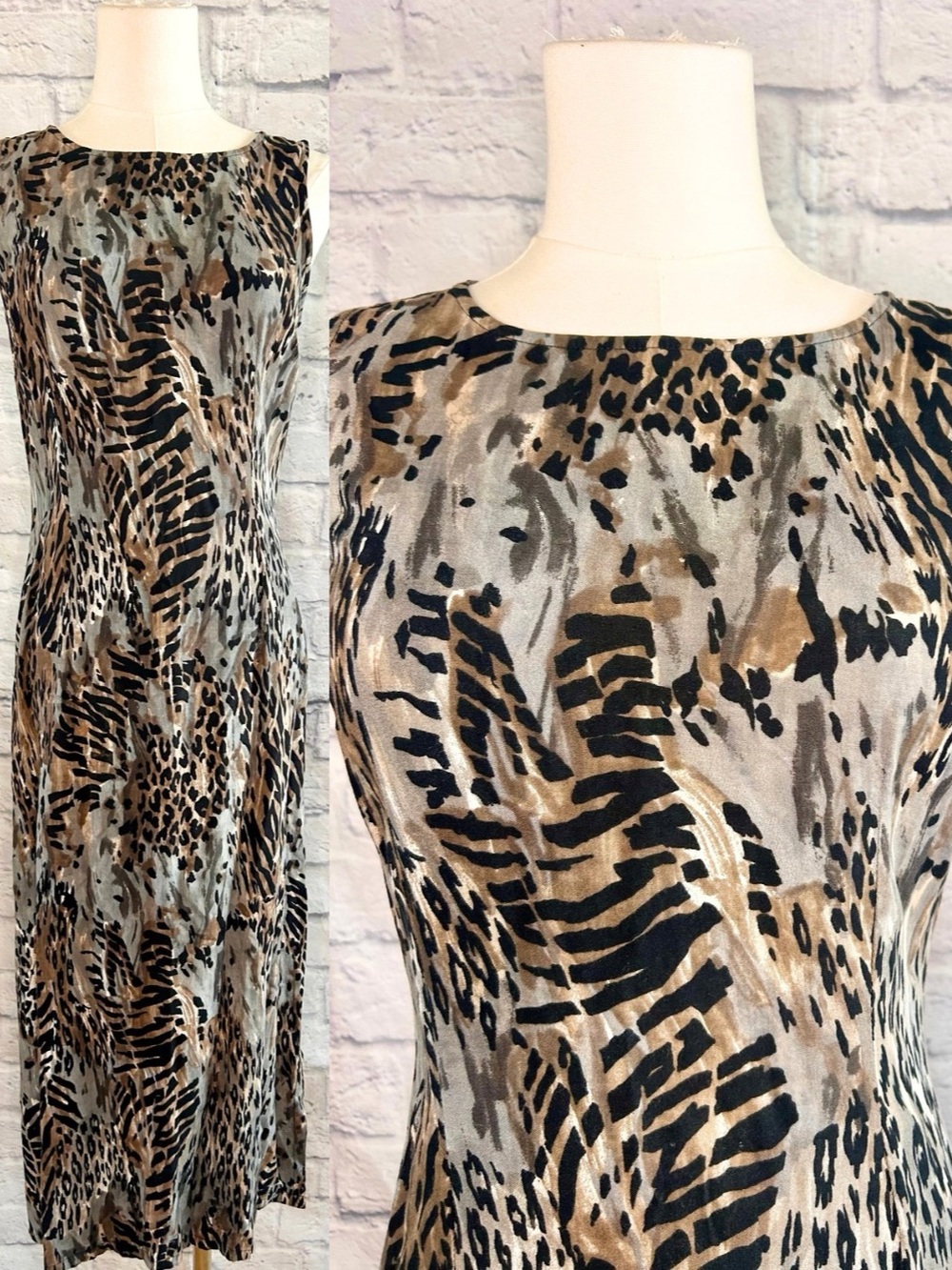 Vintage 90s Y2K Animal Print Maxi Dress Grey Black Brown Zebra Grunge Indie Boho